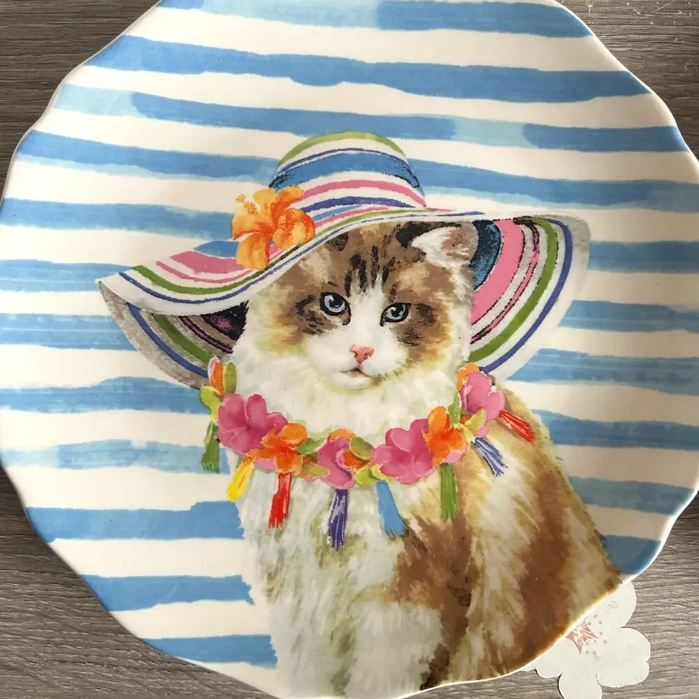 GRACE Fine Ceramic Whimsical Cats 8” Painted Ceramic Plates Set of 4 EUC